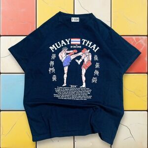 VTG Muay Thai Y2K Kick Boxing Shirt ‎ Men S Navy MMA Thailand Tee Kick Leeson
